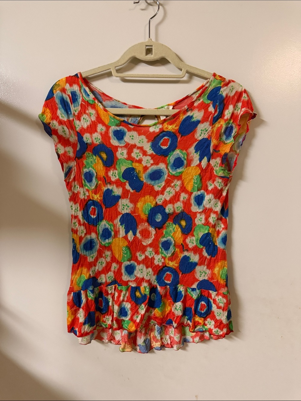 Anthropologie Red Multicolor Floral Cap-Sleeve Top